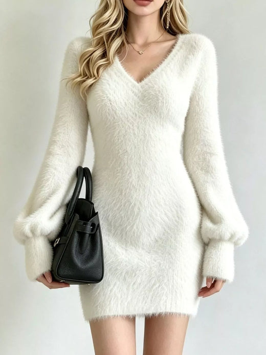 Fuzzy V-Neck Long Sleeve Sweater Dress - alternate view 5