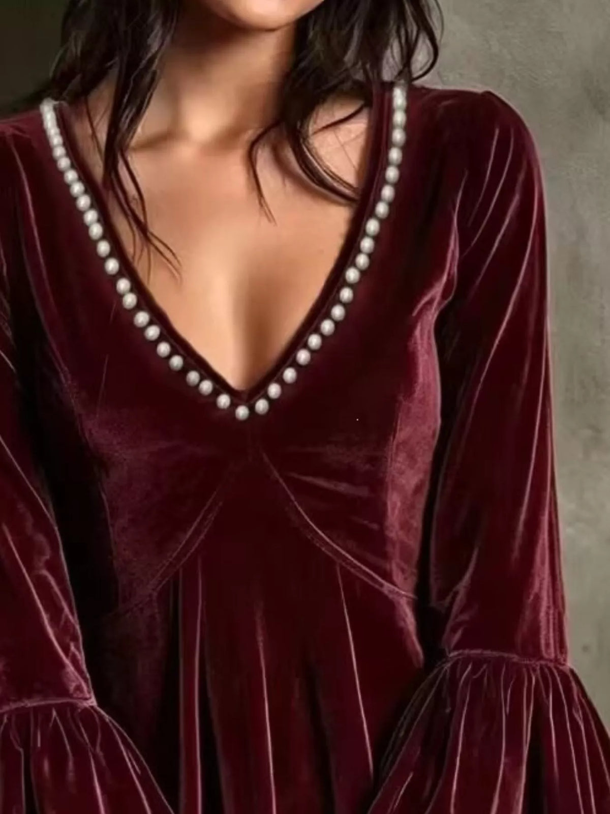 Full Size Velvet Bell-Sleeve Mini Dress with Pearl Embellished V-Neck Plus Size - alternate view 1