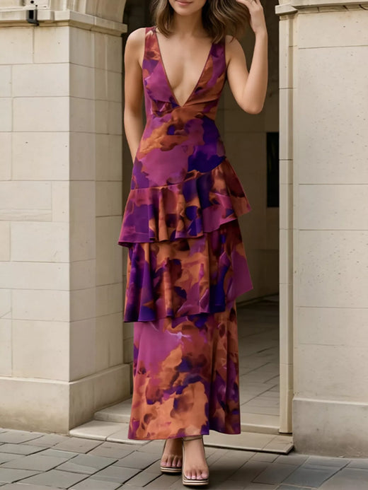 Floral V-Neck Ruffle Layered Maxi Dress - alternate view 5