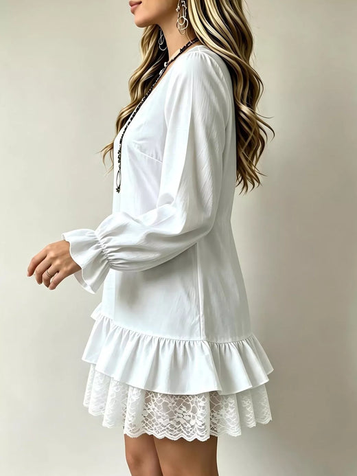 V-Neck Long Sleeve Ruffle Hem Lace Trim Mini Dress - alternate view 1