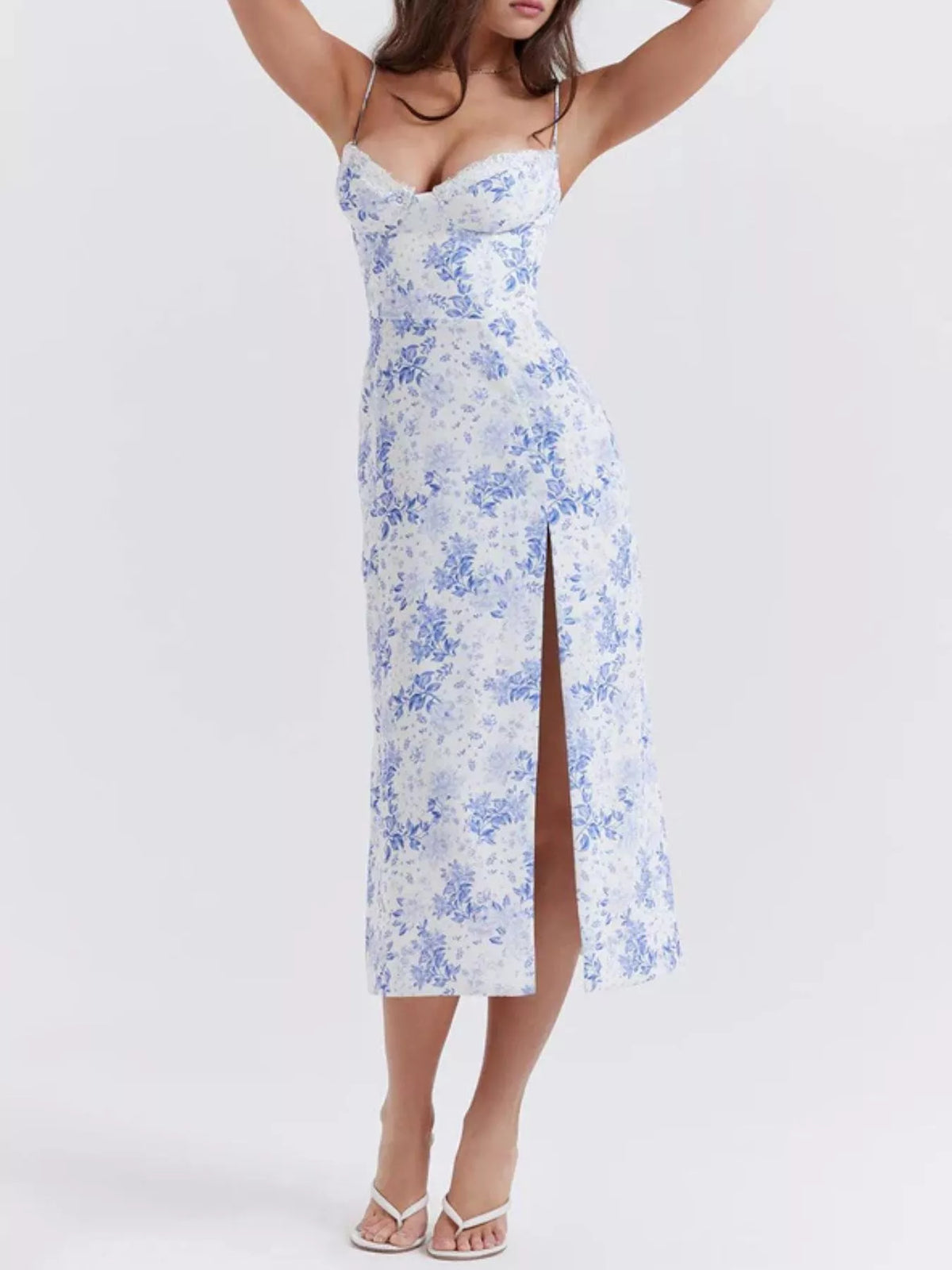 Floral Print Lace Trim Slit Midi Dress - alternate view 15
