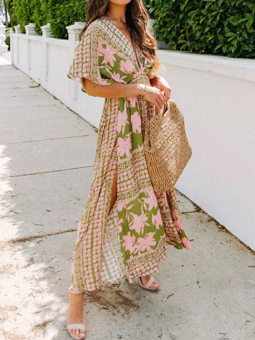 Floral Print V-Neck High Slit Maxi Dress - alternate view 3