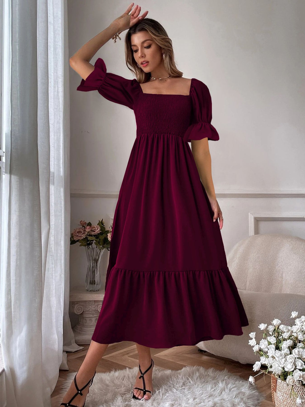 Smocked Long Sleeve Midi Dress - alternate view 14