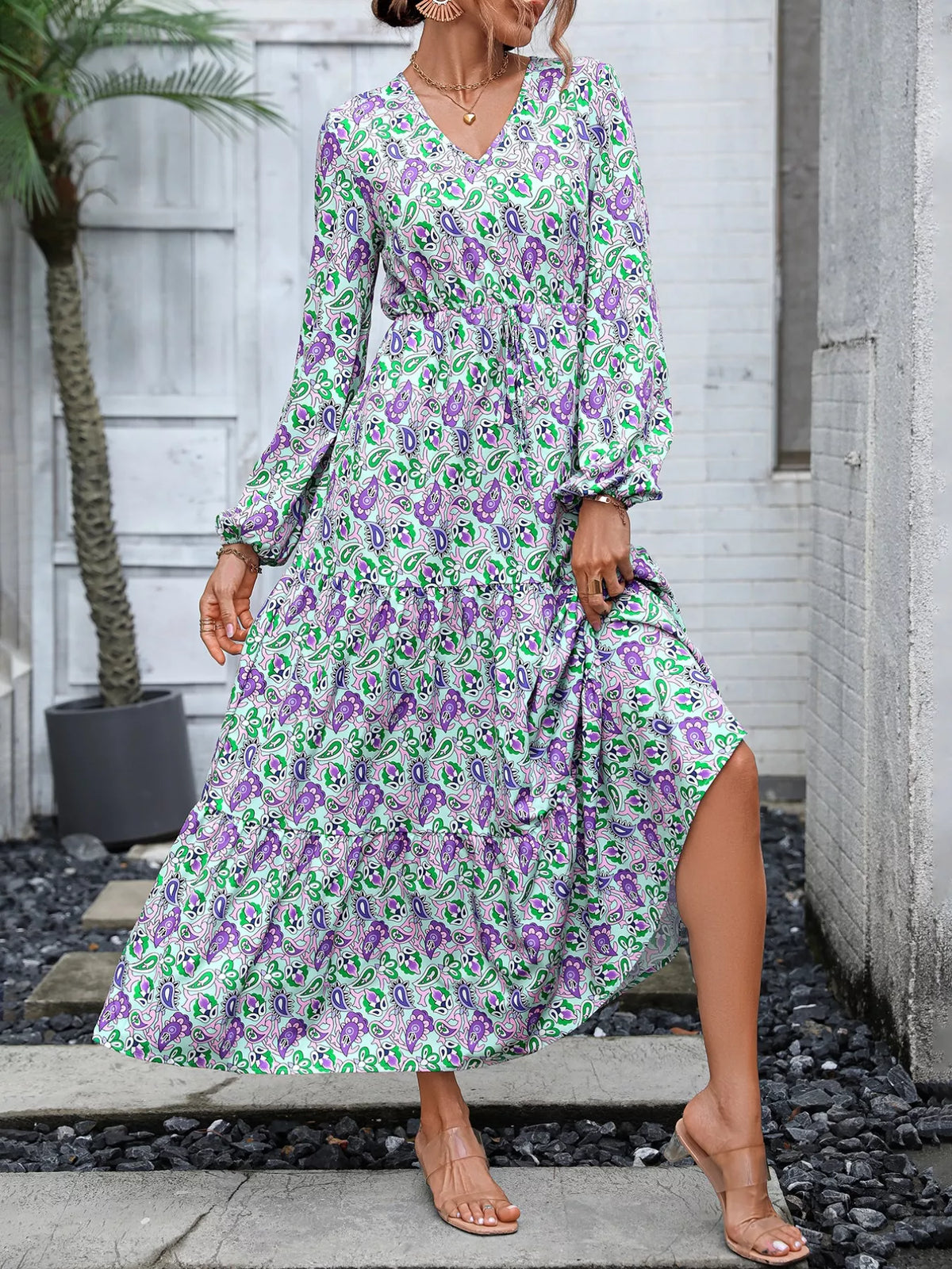 Printed V-Neck Long Sleeve Dress - alternate view 5