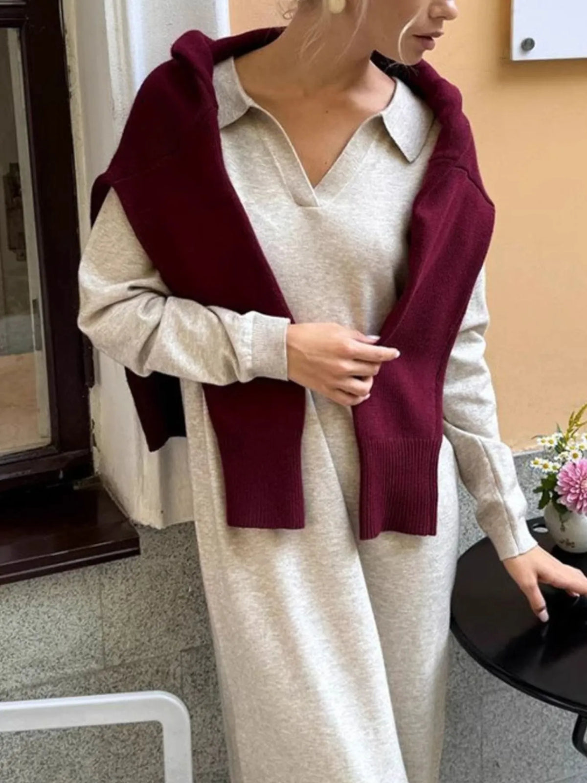 Long Sleeve Collared Neck Knit Dress - alternate view 14