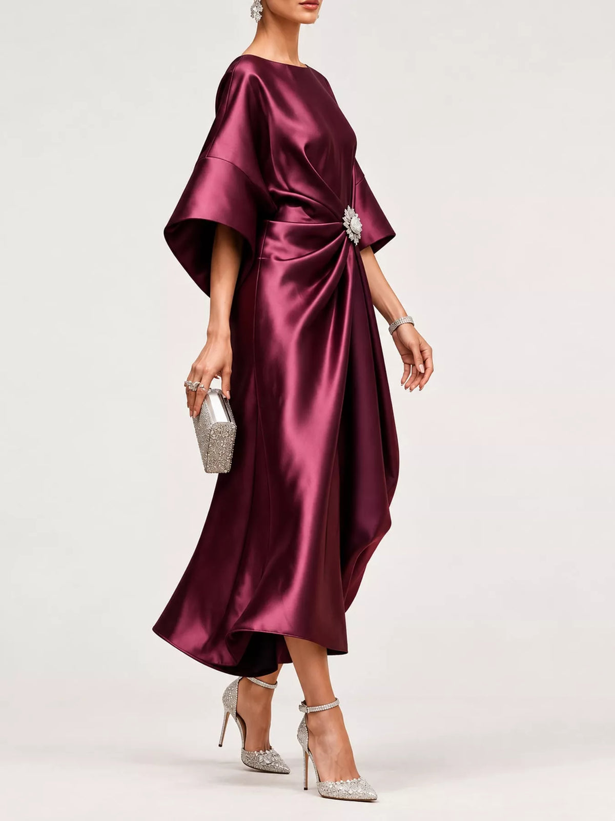 Full Size Satin Draped Evening Dress with Crystal Brooch Plus Size - alternate view 5