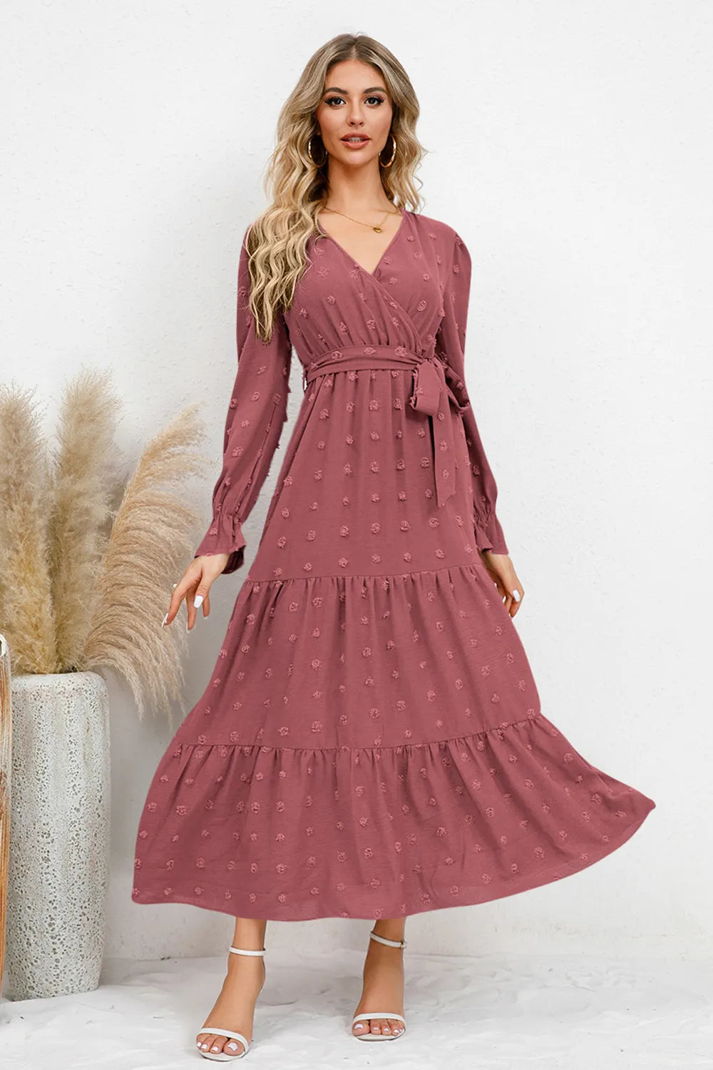 Swiss Dot Tied Surplice Flounce Sleeve Dress - alternate view 18