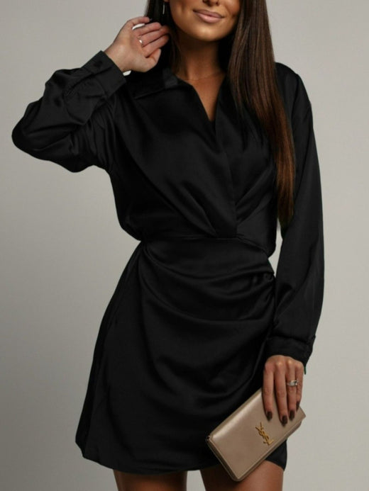 Collared Neck Long Sleeve Satin Dress - alternate view 4