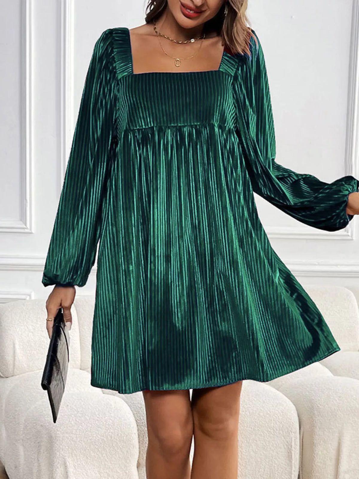 Velvet Square Neck Long Sleeve Dress - alternate view 8