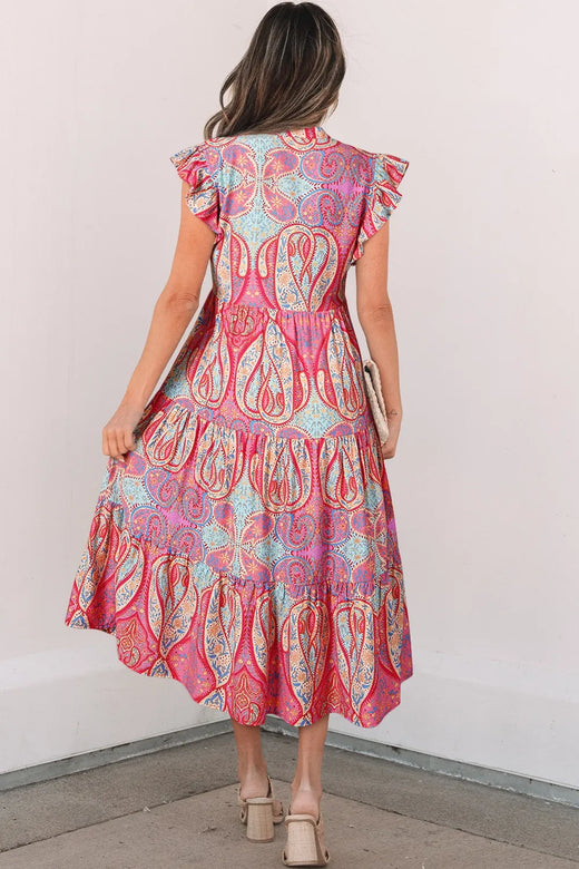 Tribal Paisley Print Ruffled Sleeve Notch Neck Midi Dress - alternate view 1