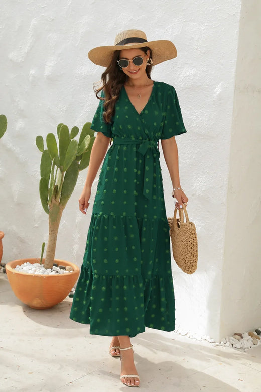 Swiss Dot Tied Surplice Short Sleeve Dress - alternate view 3