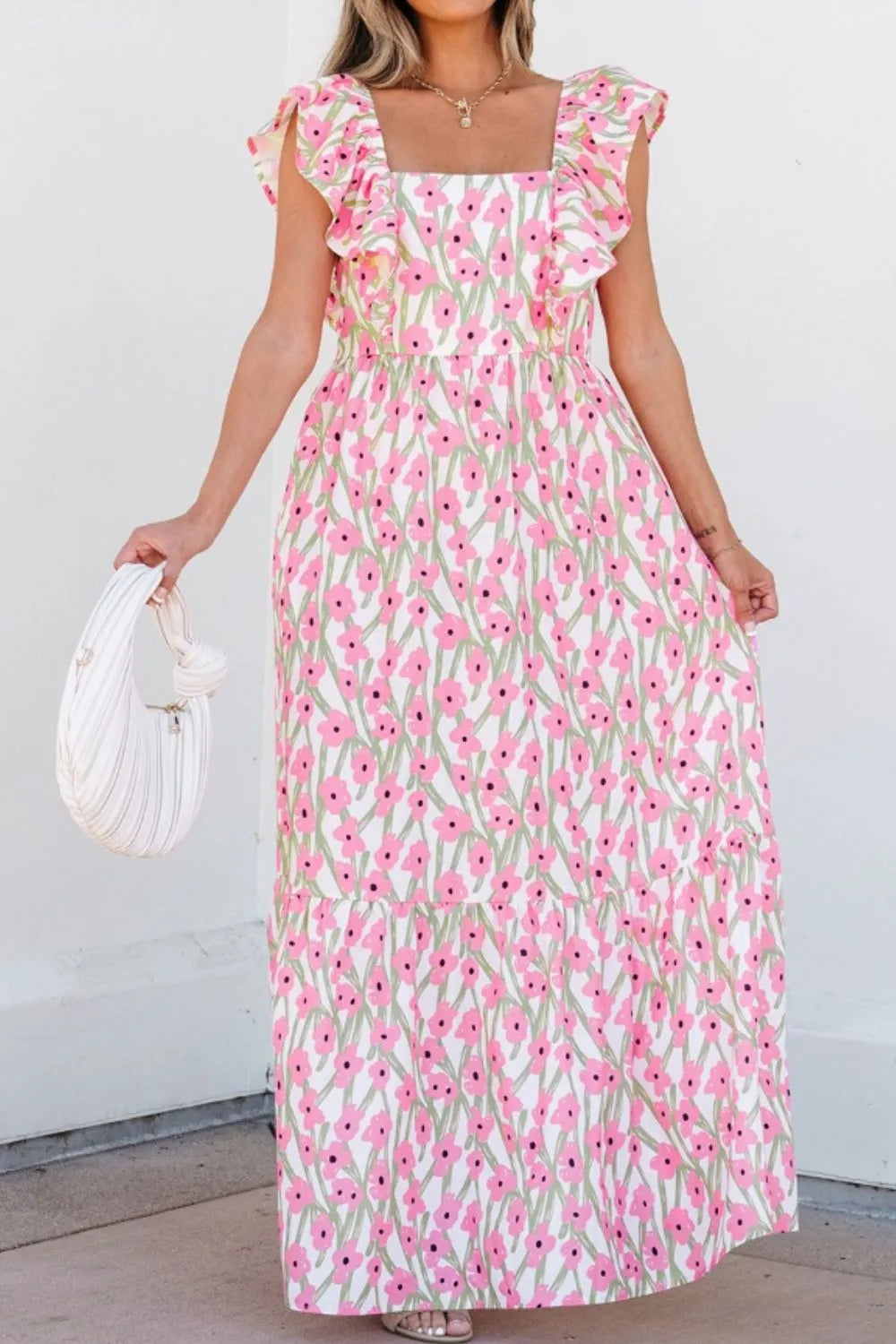 Floral Print Square Neck Ruffled Cap Sleeve Maxi Dress - alternate view 3