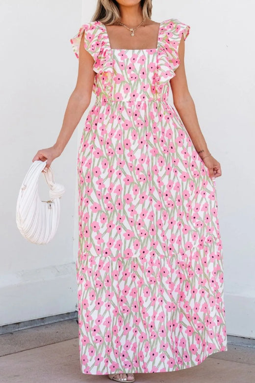 Floral Print Square Neck Ruffled Cap Sleeve Maxi Dress - alternate view 3