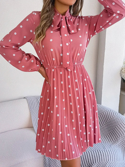 Polka Dot Tie Neck Pleated Dress - alternate view 5