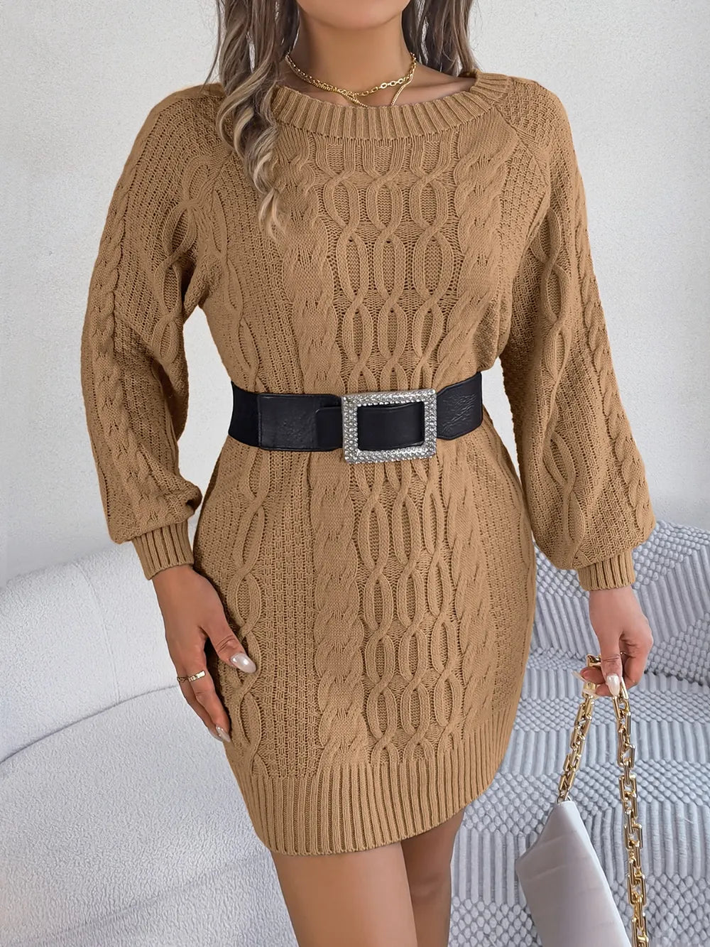 Cable-Knit Round Neck Sweater Dress - alternate view 5