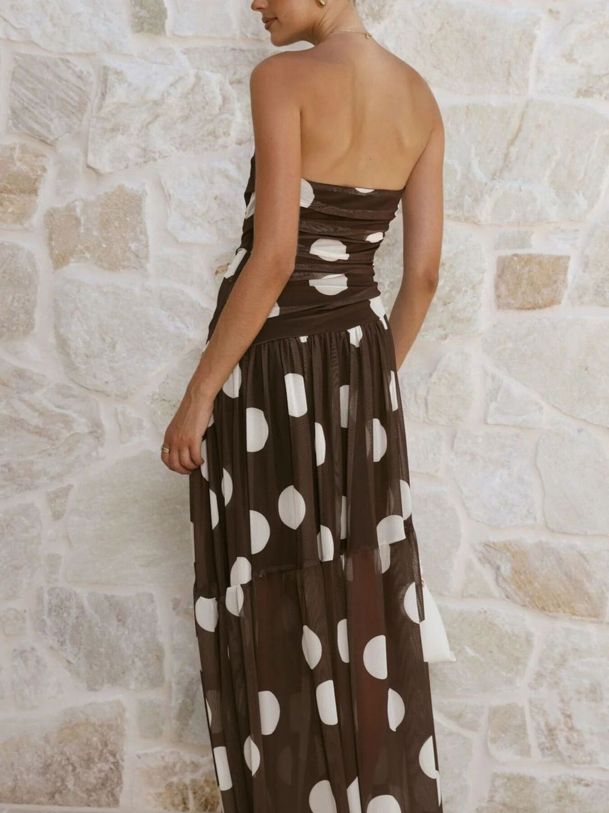 Polka Dot Strapless Ruched Maxi Dress - alternate view 4