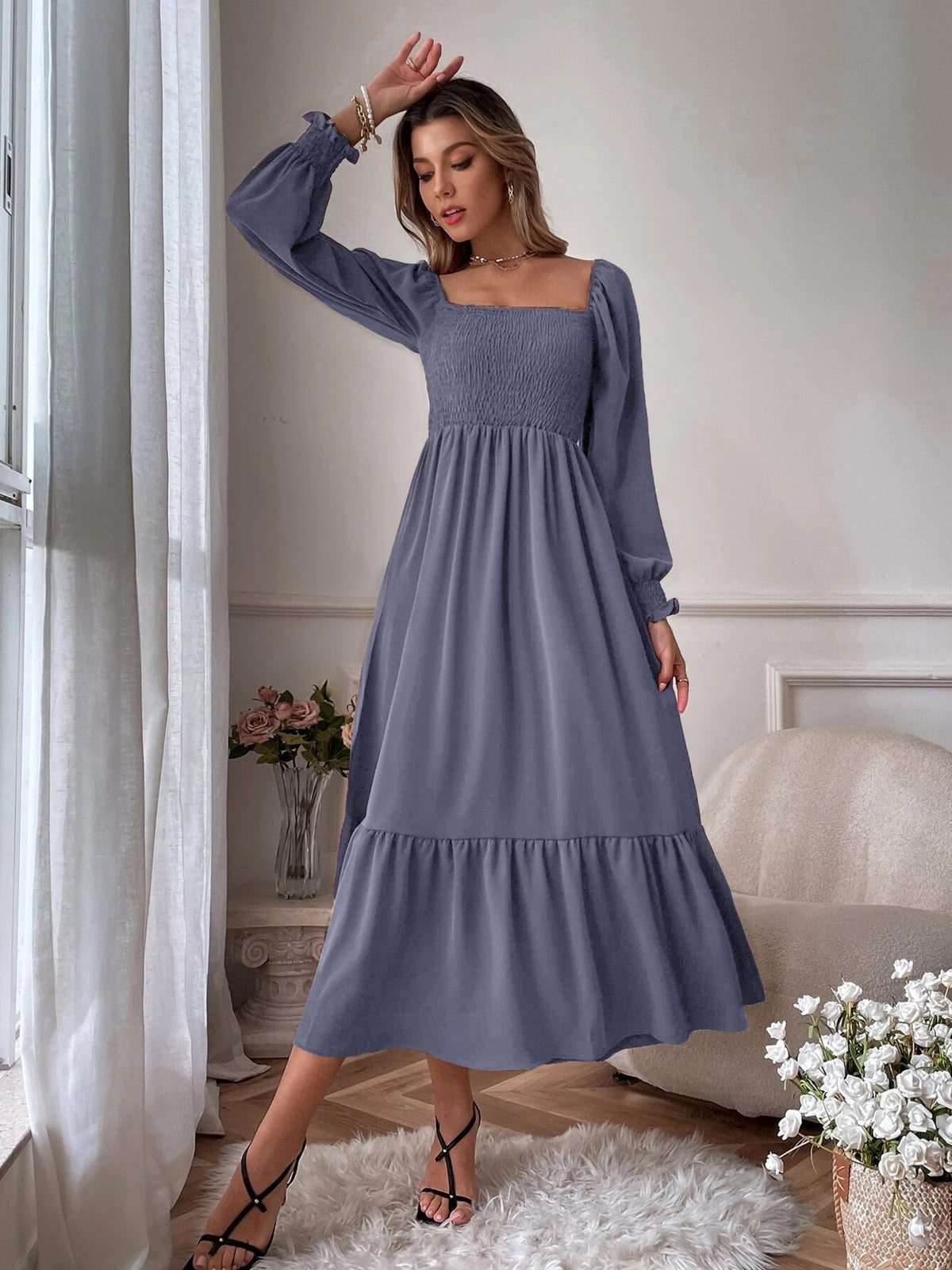 Smocked Long Sleeve Midi Dress - alternate view 13