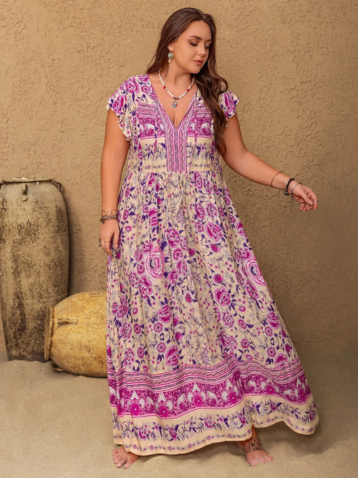 Printed V-Neck Cap Sleeve Maxi Dress - alternate view 6