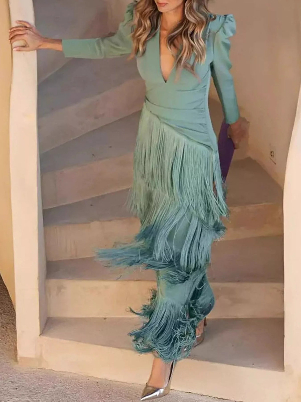 Fringed V-Neck Puff Sleeve Maxi Dress - alternate view 3