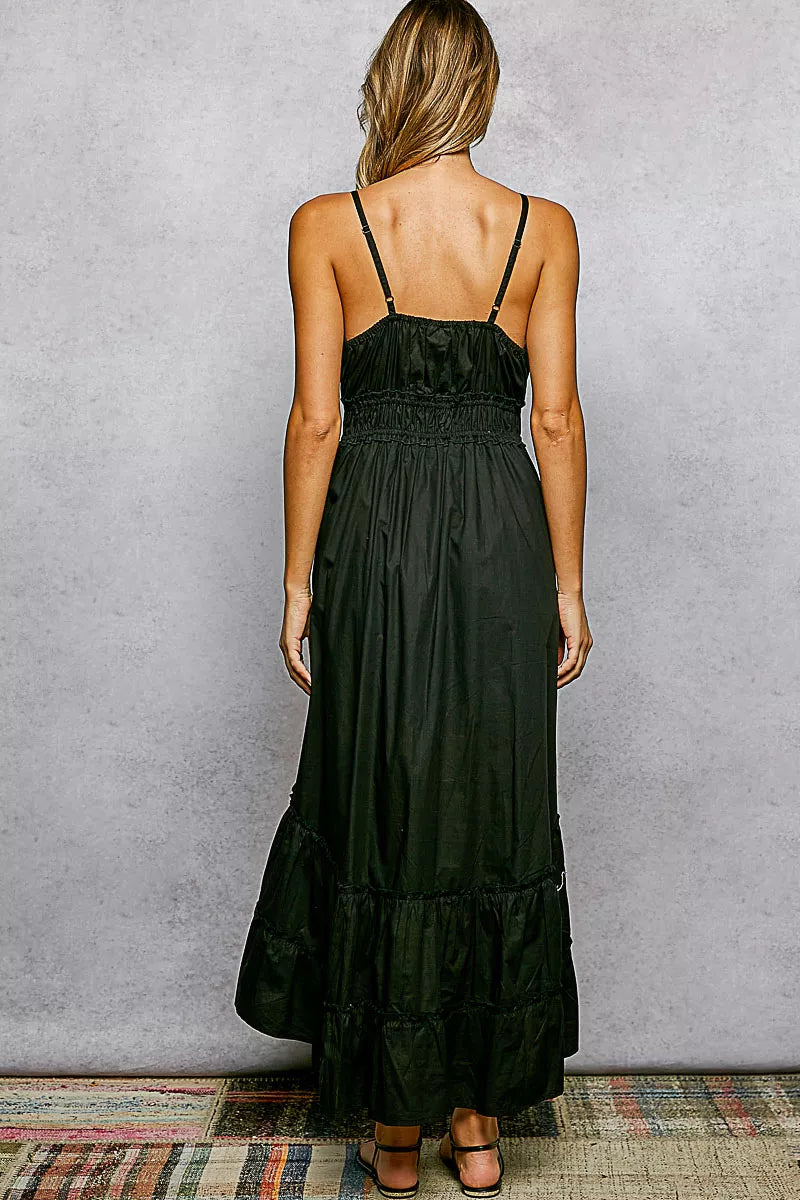 POL Embroidered Detail Tassel Tie Smocked Waist Midi Tiered Cami Dress - alternate view 5