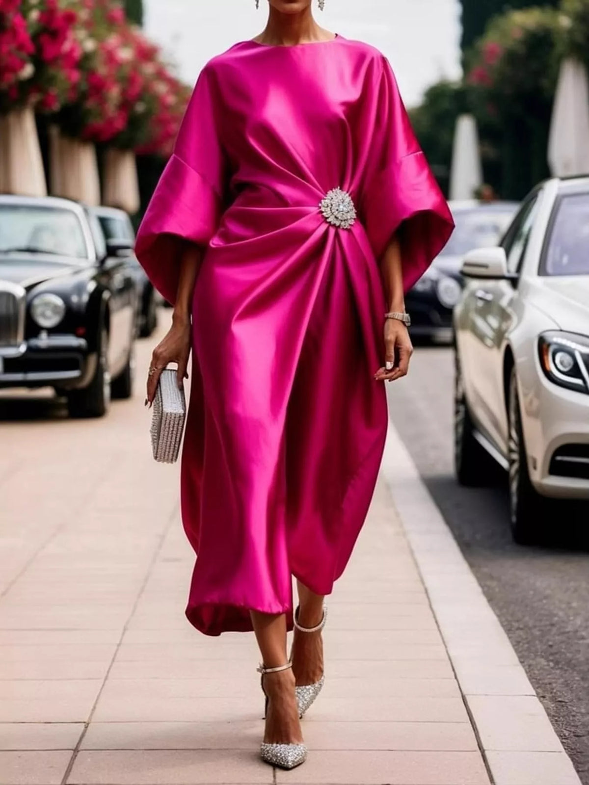 Full Size Satin Draped Evening Dress with Crystal Brooch Plus Size - alternate view 2
