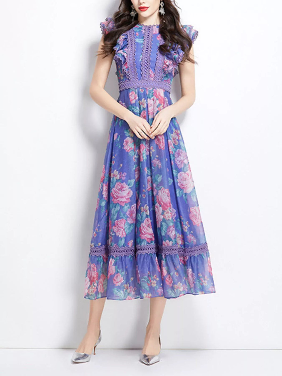 Floral Print Ruffle Sleeve Midi Dress - alternate view 2