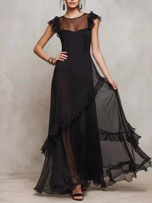 Sheer Ruffle Trim Maxi Dress