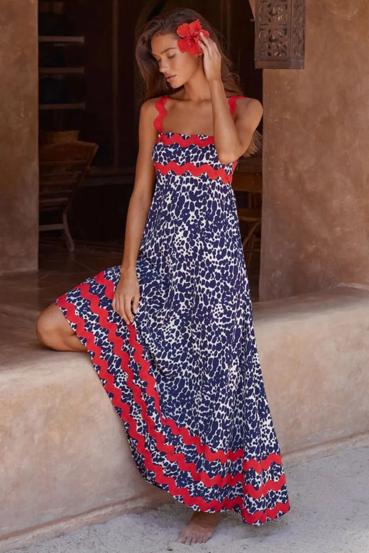 Printed Square Neck Wide Strap Sleeveless Maxi Dress