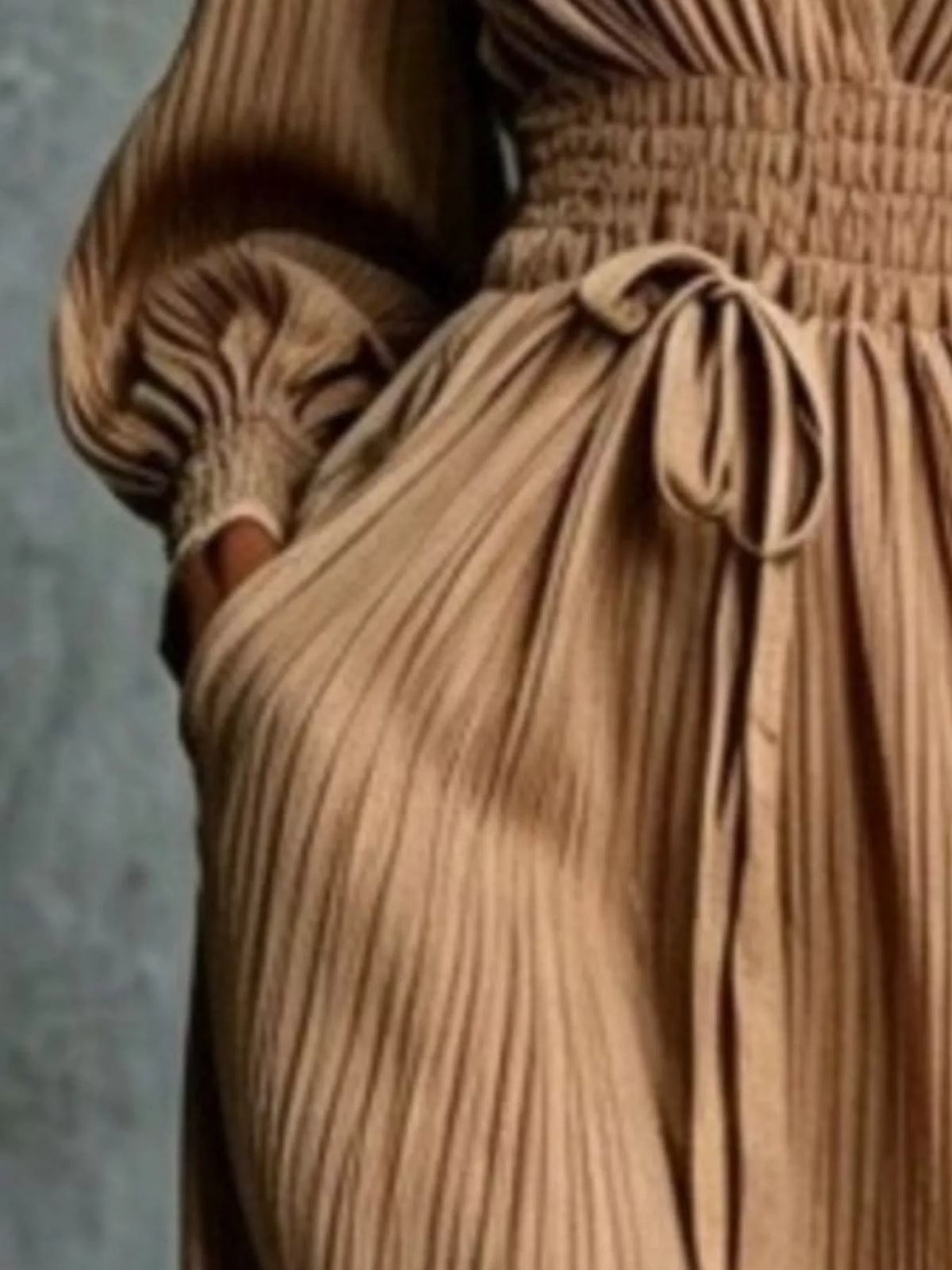 Elegant Pleated V-Neck Maxi Dress with Lantern Sleeves and Tie-Waist - alternate view 5