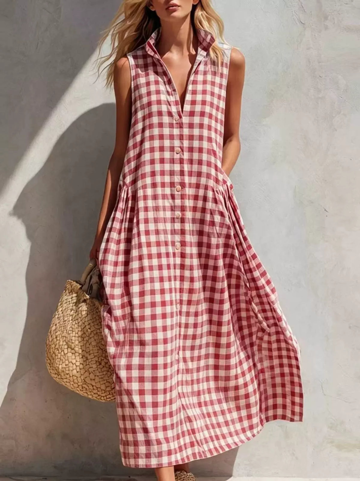 Full Size Sleeveless Gingham Button-Down Midi Dress Plus Size - alternate view 3