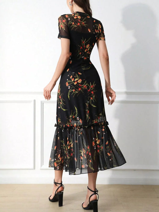 Floral Print Sheer Overlay Midi Dress with Ruffle Hem - alternate view 2