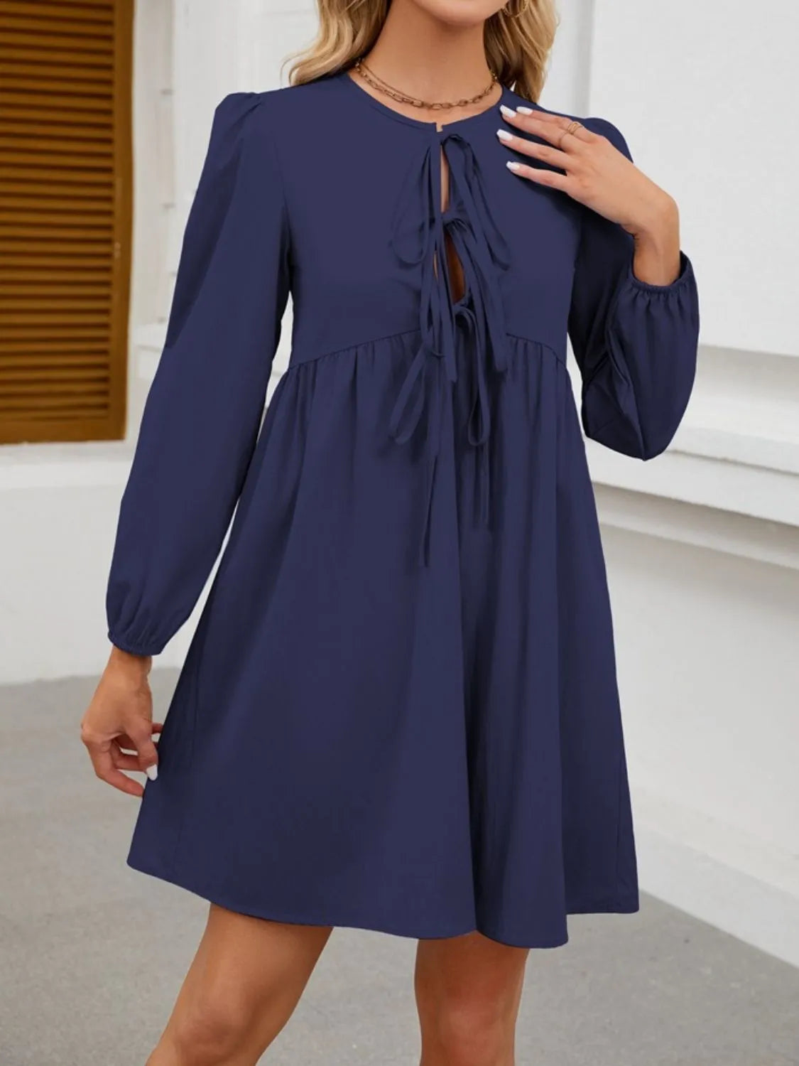 Tie Front Long Sleeve Mini Dress - alternate view 7