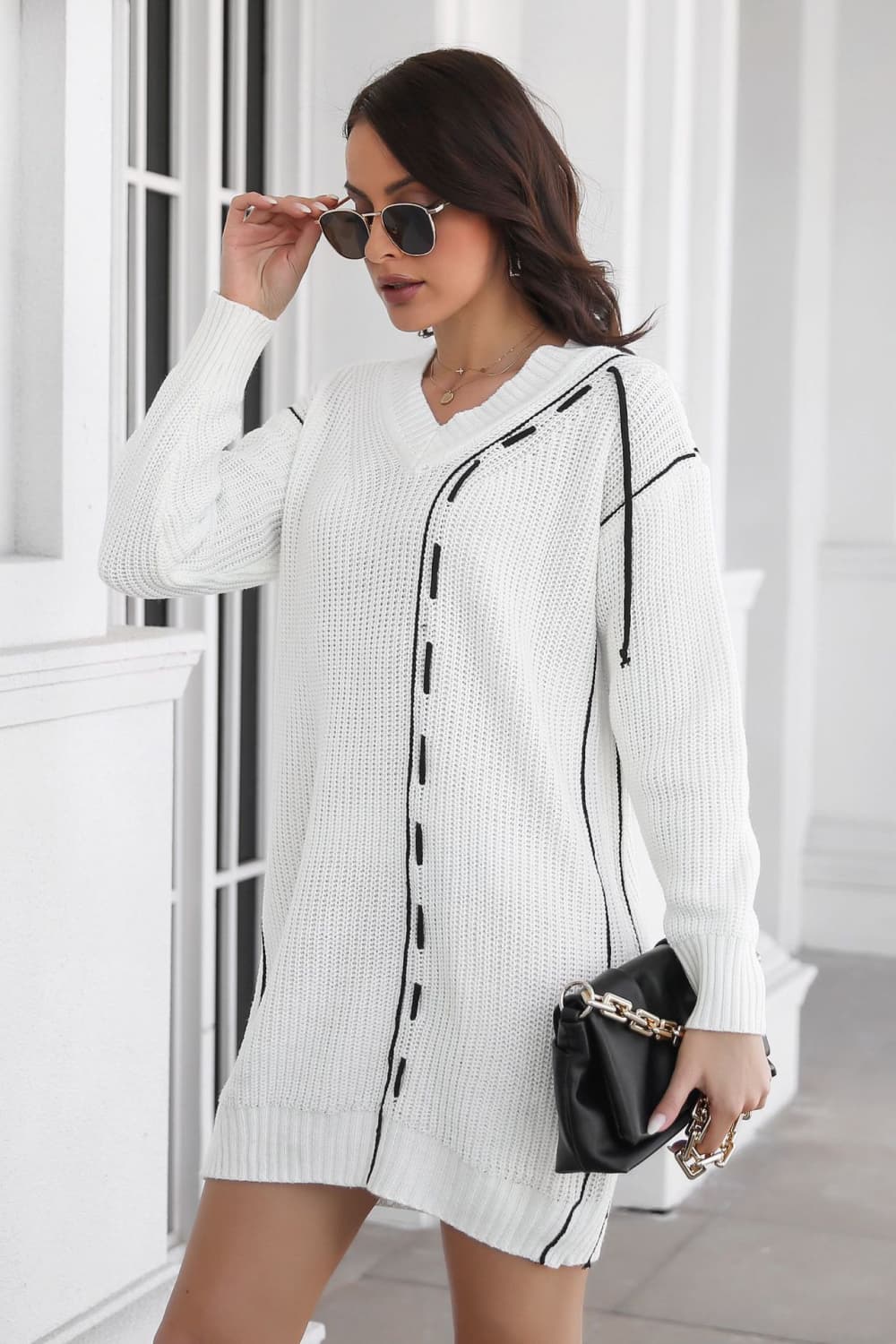 Contrast V-Neck Sweater Dress - alternate view 5