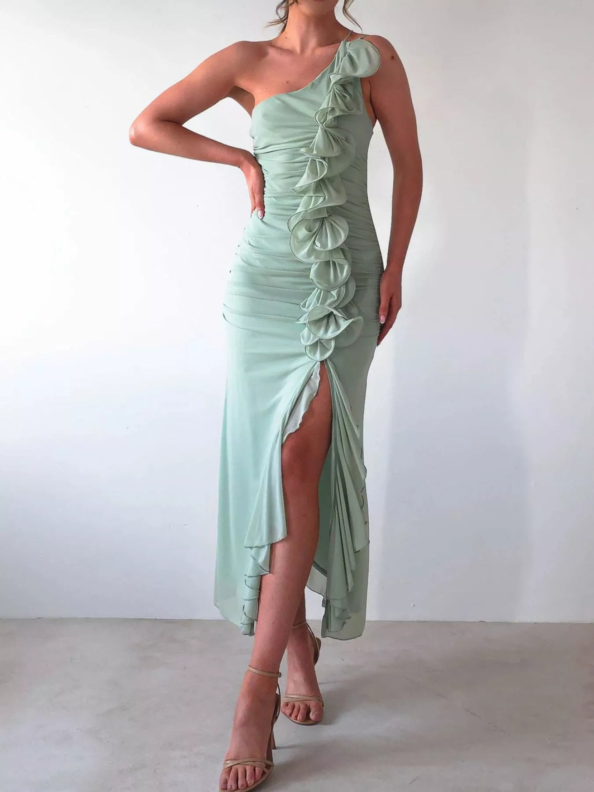 One-Shoulder Ruffle Slit Dress - alternate view 2