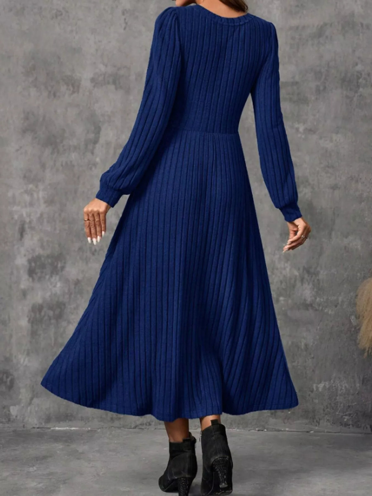 Ribbed Knit Long Sleeve A-Line Midi Dress - alternate view 21