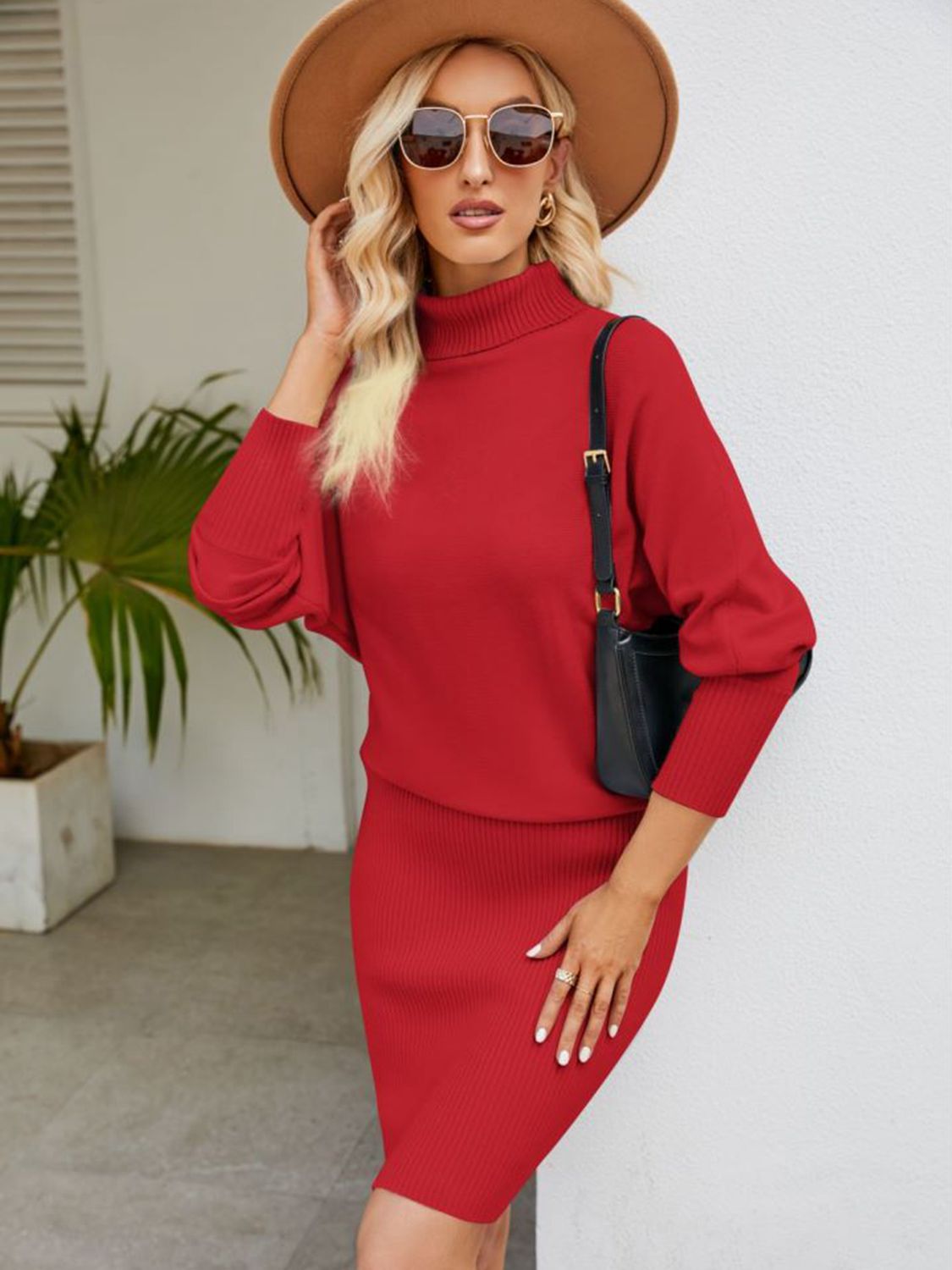 Turtle Neck Long Sleeve Ribbed Sweater Dress - alternate view 3