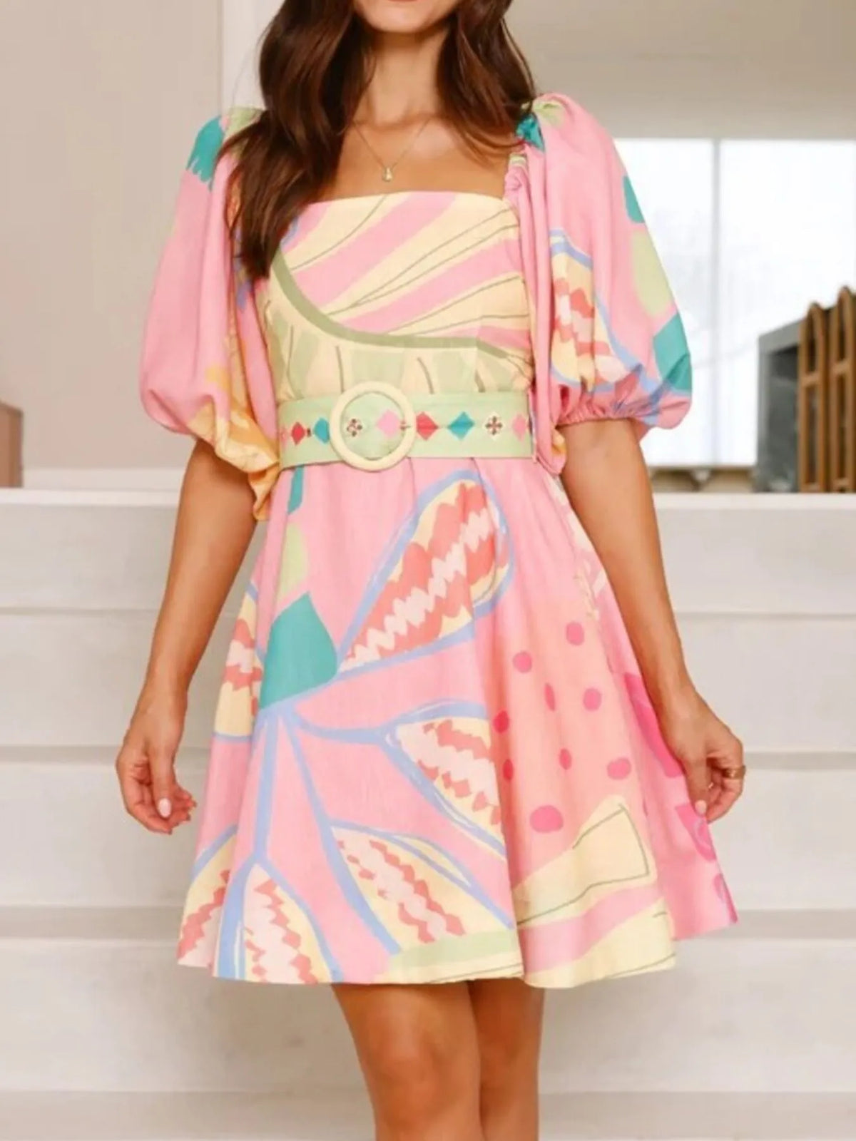 Printed Square Neck Puff Sleeve Dress - alternate view 6