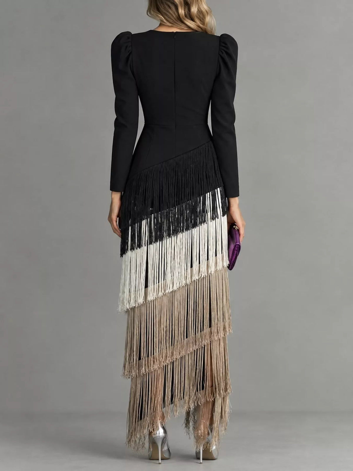 Fringed V-Neck Puff Sleeve Maxi Dress - alternate view 30