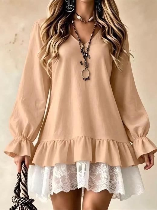 V-Neck Long Sleeve Ruffle Hem Lace Detail Dress - alternate view 5