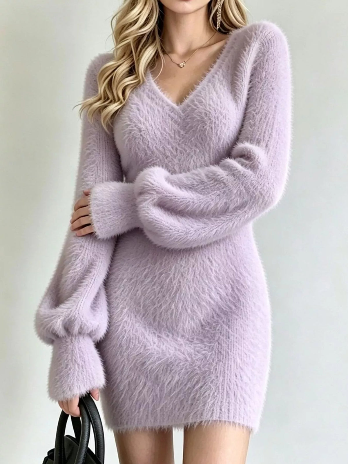 V-Neck Fuzzy Knit Sweater Mini Dress - alternate view 5