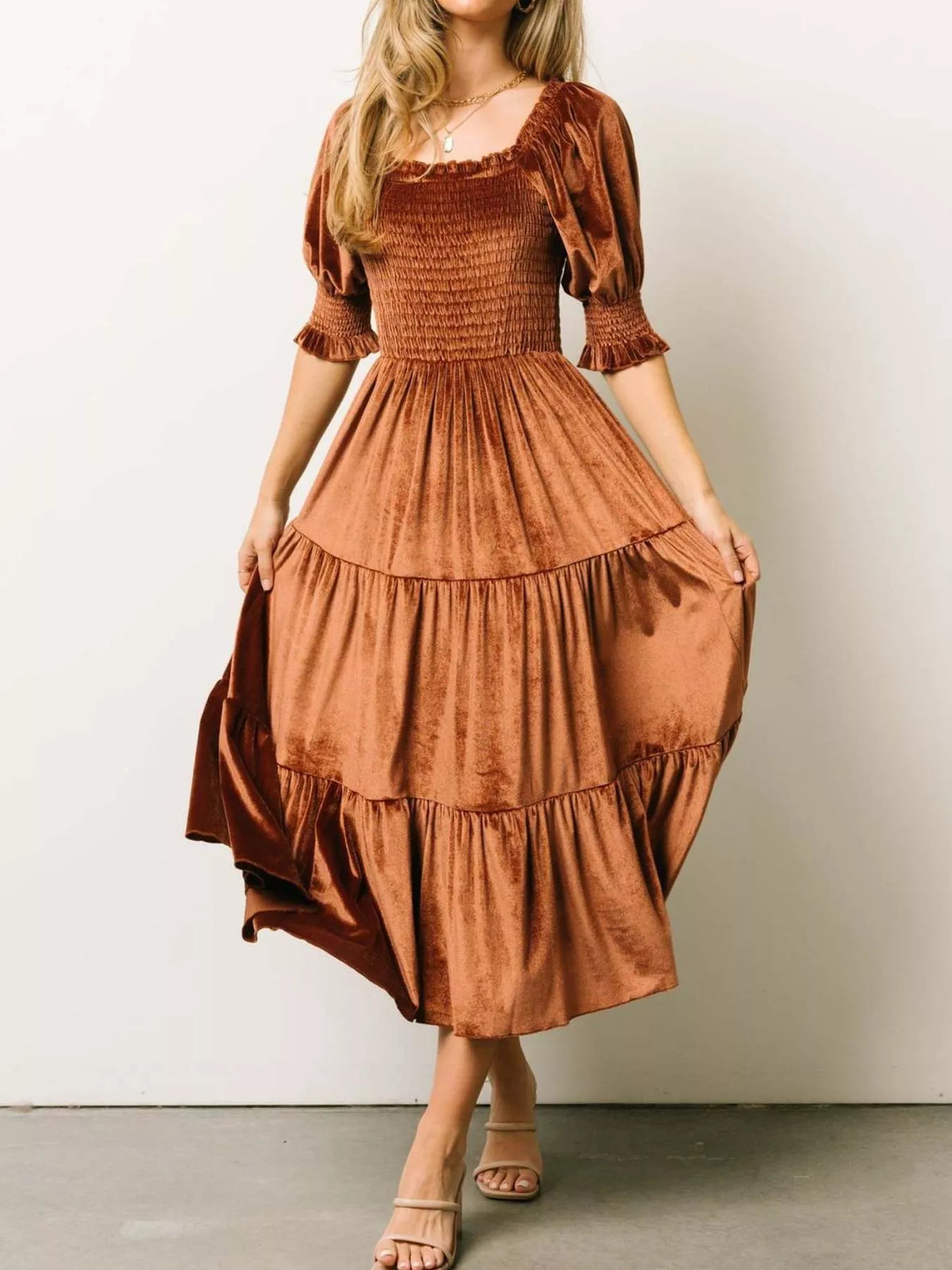 Velvet Smocked Tiered Midi Dress - alternate view 4