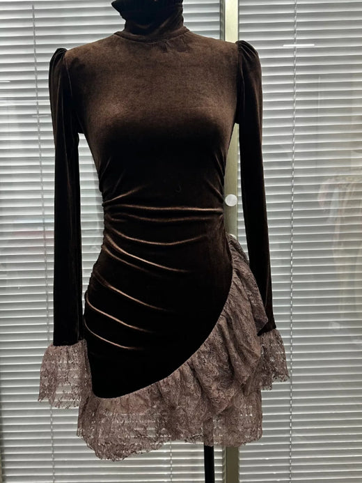Velvet Mock Neck Mini Dress with Lace Ruffle Trim - alternate view 2