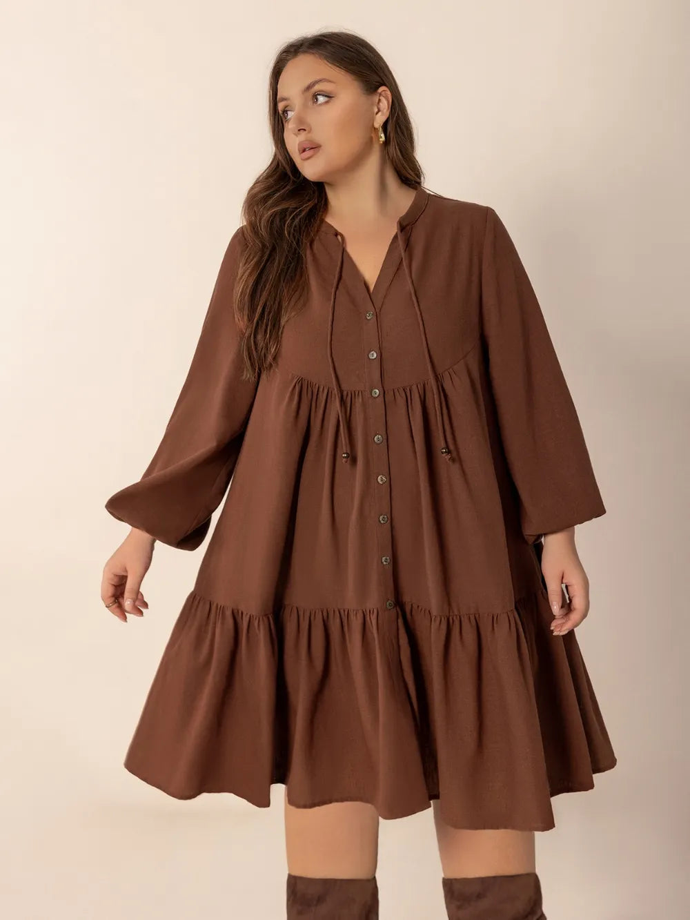 Tie Neck Balloon Sleeve Tiered Dress - alternate view 2