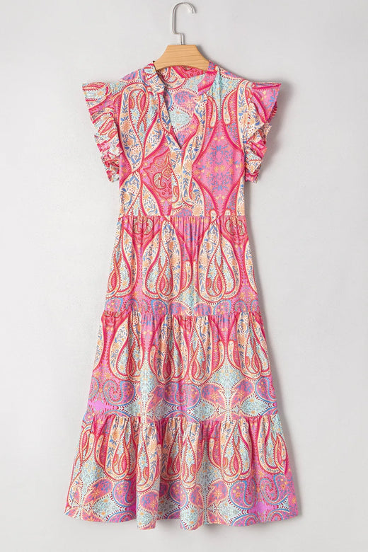 Tribal Paisley Print Ruffled Sleeve Notch Neck Midi Dress - alternate view 2