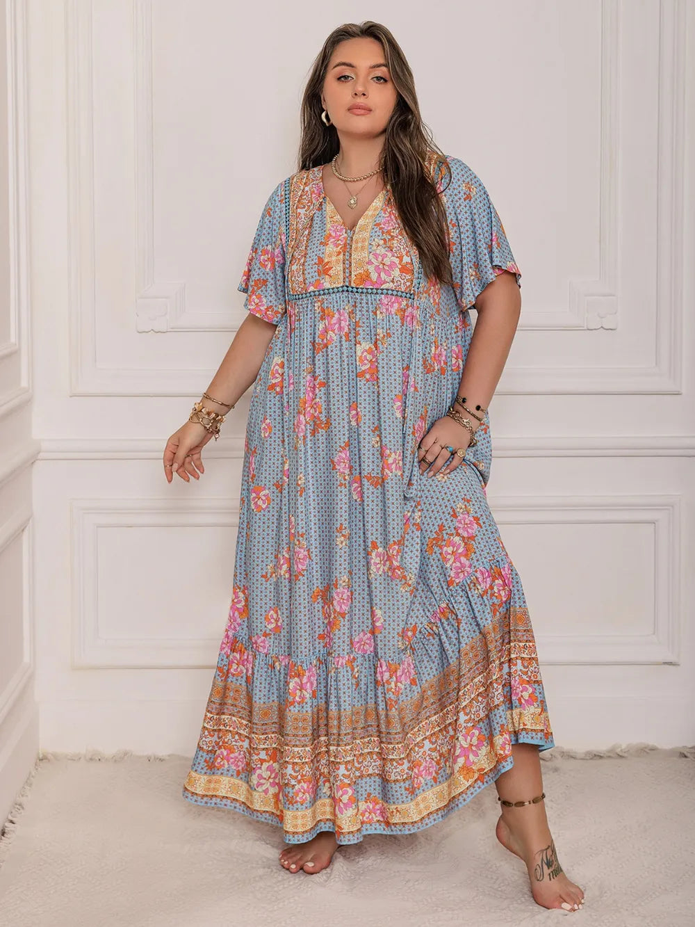 Printed Tie Neck Flutter Sleeve Maxi Dress - alternate view 3