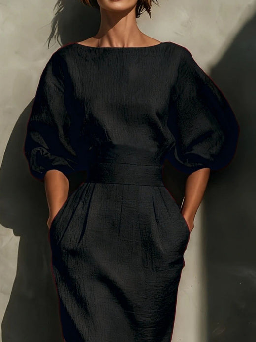 Round Neck Puff Sleeves Midi Dress - alternate view 4