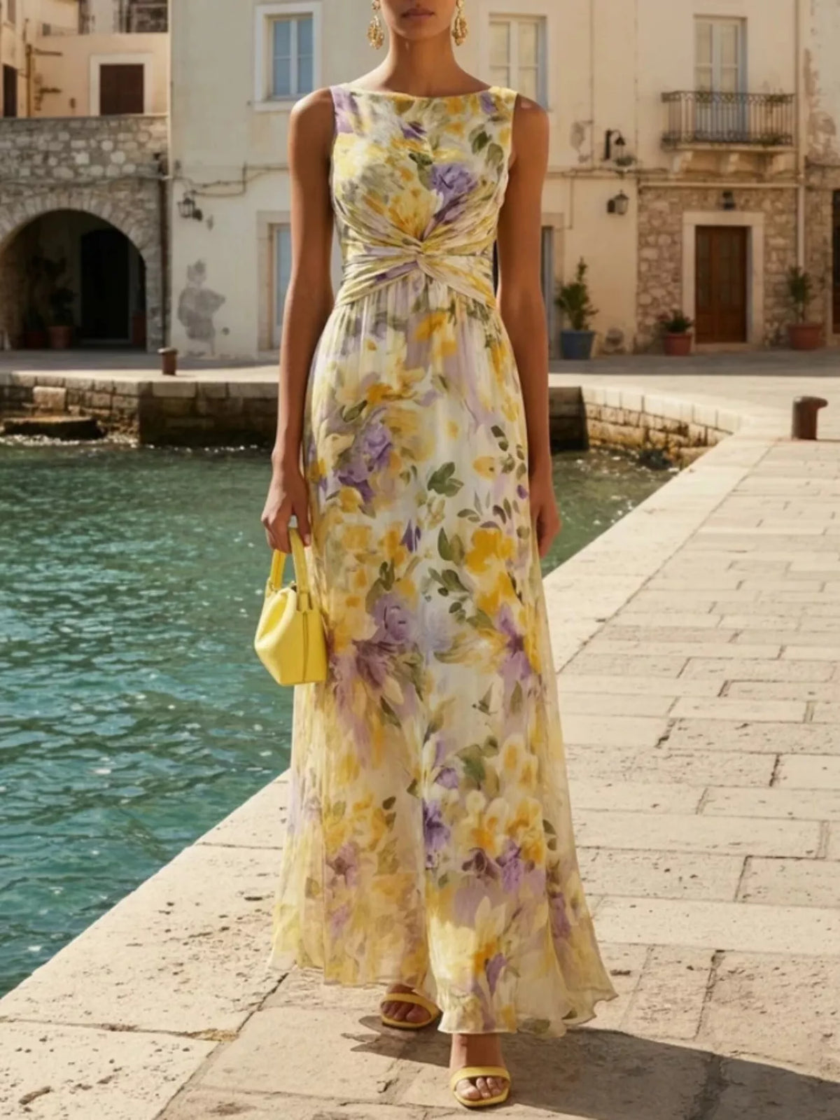 Floral Print Sleeveless Twist-Front Maxi Dress