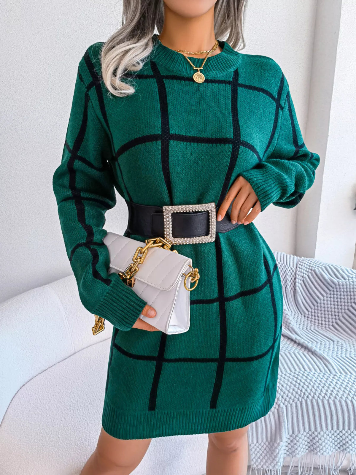 Plaid Pattern Long Sleeve Sweater Dress - alternate view 4