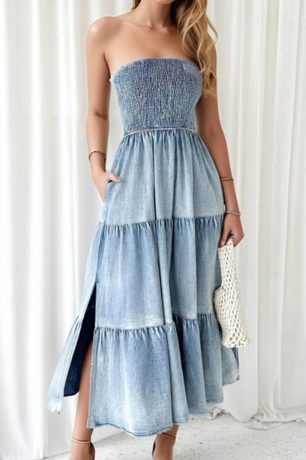 Smocked Tube Slit Tiered Denim Sleeveless Dress
