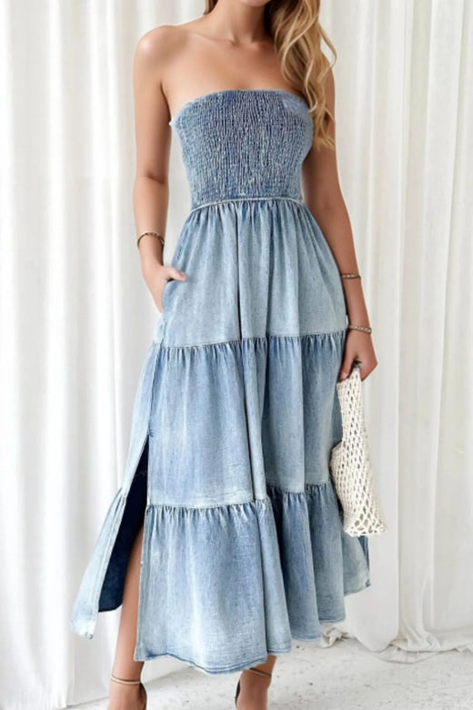 Smocked Tube Slit Tiered Denim Sleeveless Dress